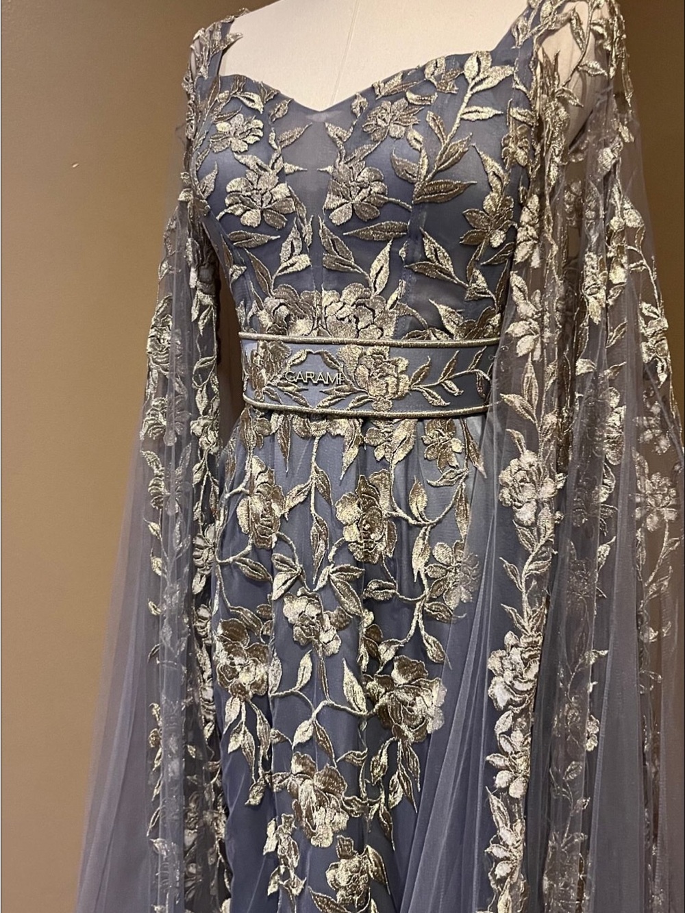 Source Unknown Slate Blue Evening Dress with Gold Floral Embroidery